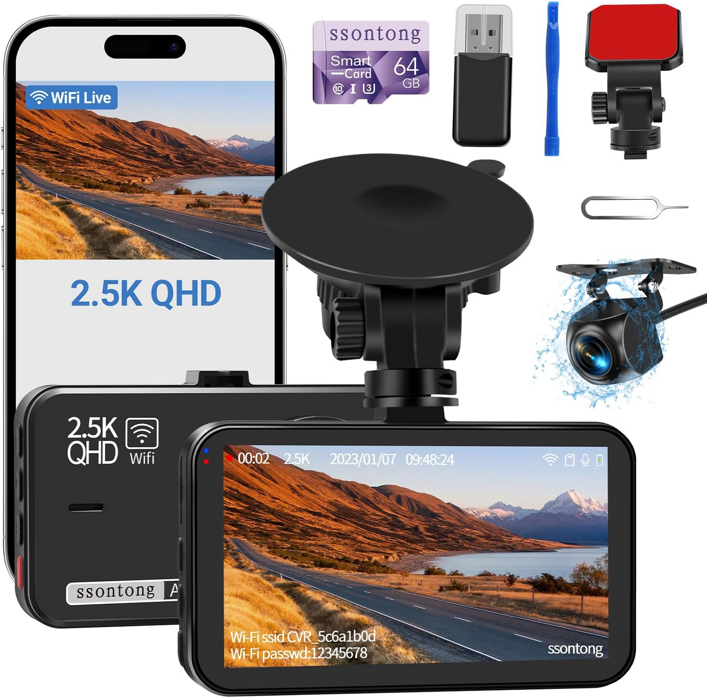 2.5K front and 1080P rear dash cam kit with Wi-Fi and 64GB memory card