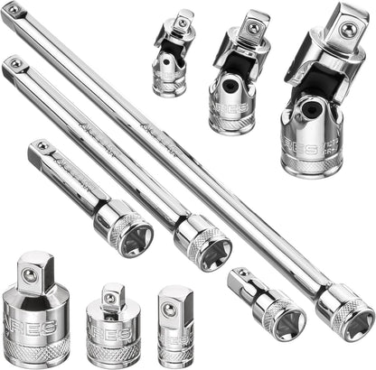 10-Piece Socket Accessory Set – Premium Chrome Vanadium Steel, Mirror Finish, Includes Socket Adapters, Extension Bars & Universal Joints