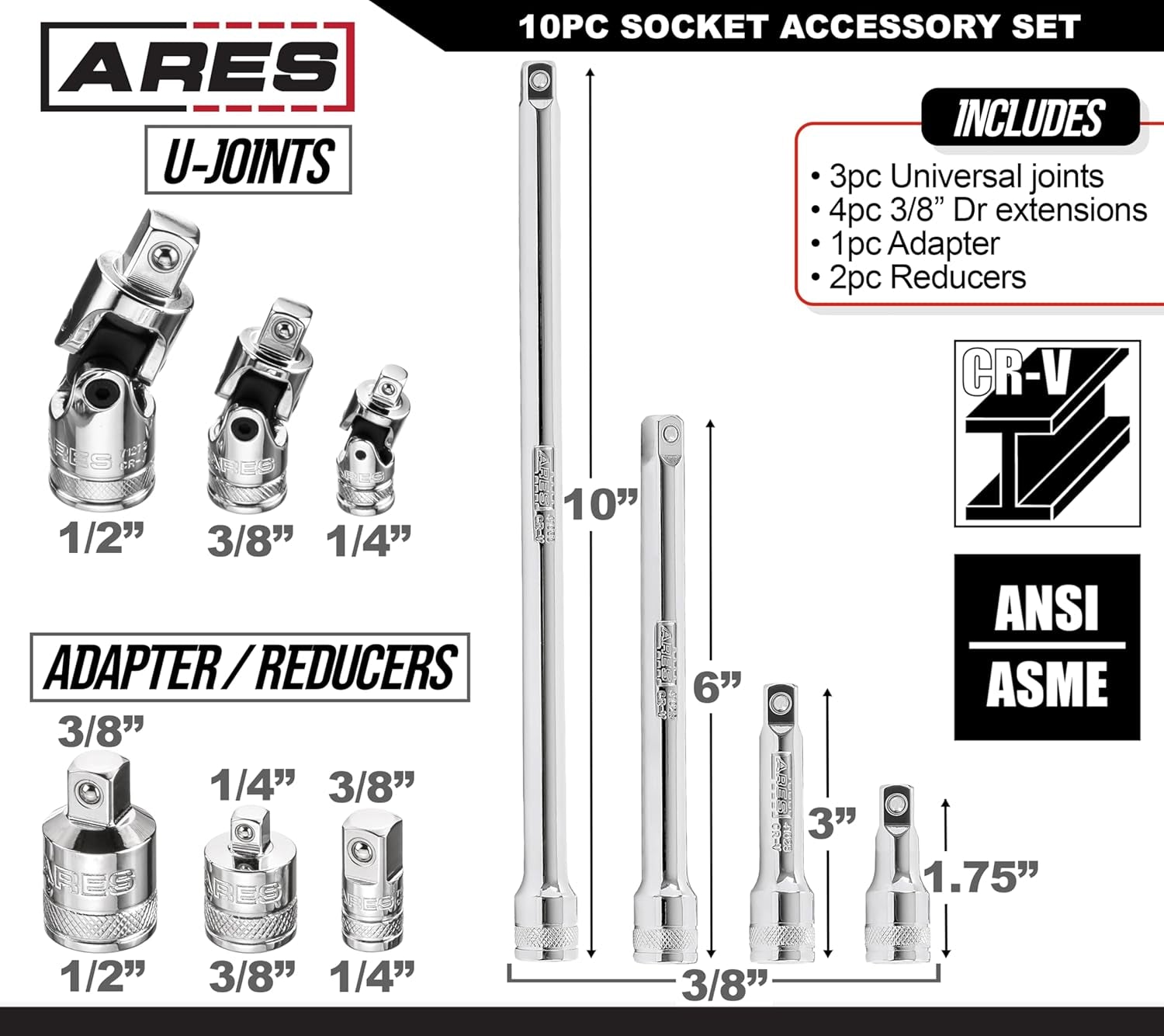 10-Piece Socket Accessory Set – Premium Chrome Vanadium Steel, Mirror Finish, Includes Socket Adapters, Extension Bars & Universal Joints