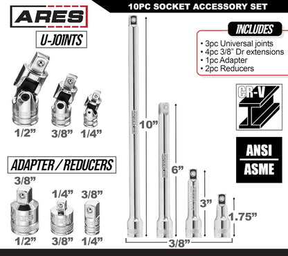 10-Piece Socket Accessory Set – Premium Chrome Vanadium Steel, Mirror Finish, Includes Socket Adapters, Extension Bars & Universal Joints